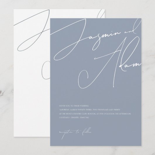 Invitation Mariage Minimal Typographie Script Bleu Poussiéreu (Devant / Derrière)