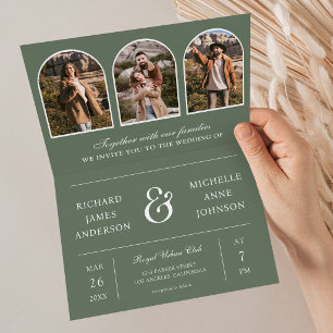 Invitation Mariage minimaliste à arche vert sauge avec code Q