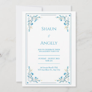 Invitation Mariage Minimaliste à Motif Floral Bleu Azur et Vi