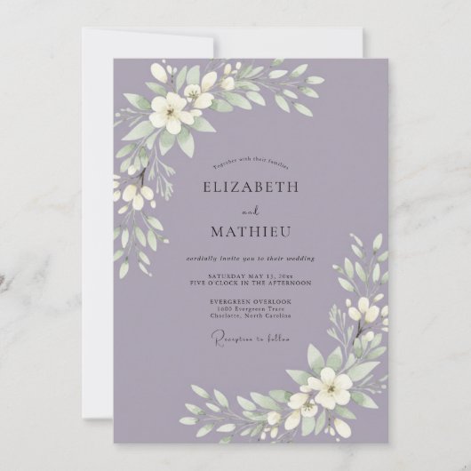 Invitation Mariage Minimaliste Améthyste Feuillu (Devant)
