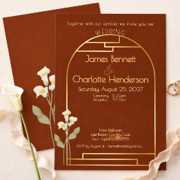 Invitation Mariage minimaliste Art Nouveau en or avec lys arq
