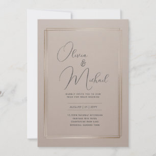 Invitation Mariage minimaliste avec cadre or taupe Heritage