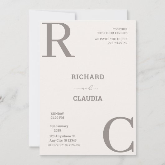 Invitation Mariage minimaliste beige et Brown (Devant)
