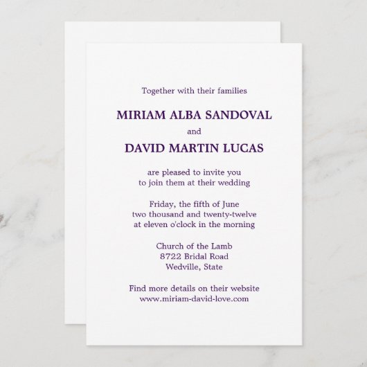 Invitation Mariage minimaliste bilingue bilingue violet (Devant / Derrière)
