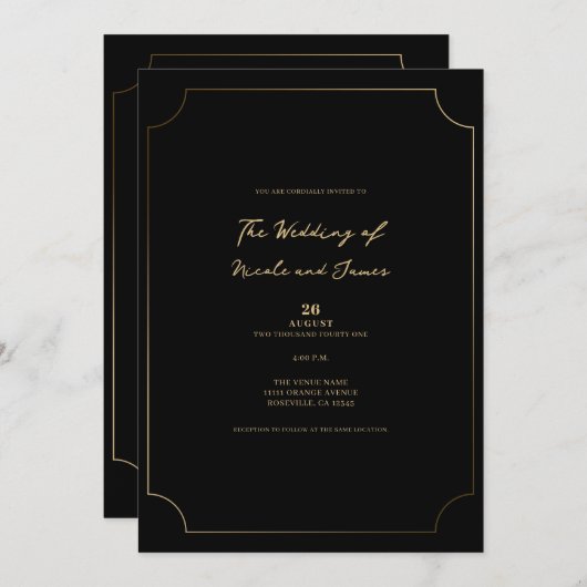 Invitation Mariage minimaliste Black & Gold (Devant / Derrière)