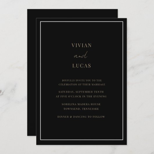 Invitation Mariage minimaliste Black Gold Modern (Devant / Derrière)