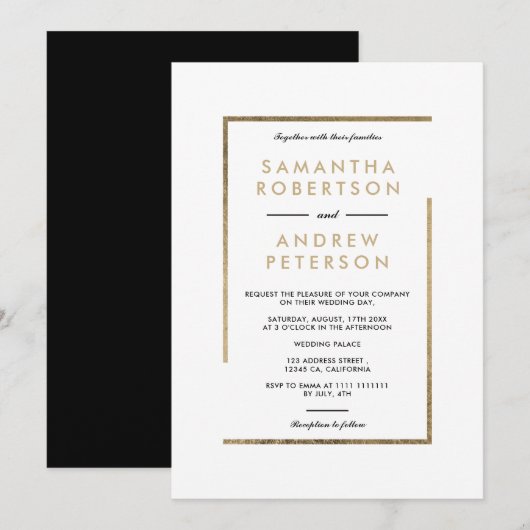 Invitation Mariage minimaliste blanc noir chic (Devant / Derrière)