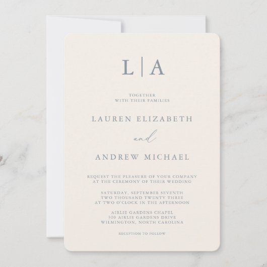 Invitation Mariage minimaliste bleu et beige (Devant)