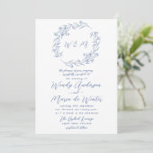 Invitation Mariage minimaliste bleu et blanc boho botanique (Debout devant)