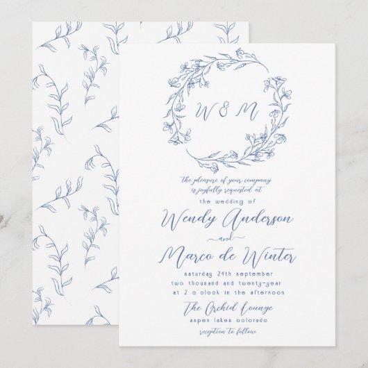 Invitation Mariage minimaliste bleu et blanc boho botanique (Devant / Derrière)