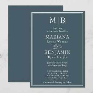 Invitation Mariage minimaliste boho bleu moderne avec bordure