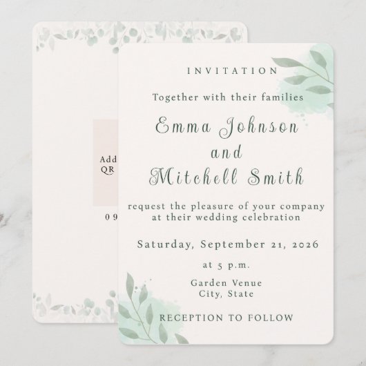 Invitation Mariage Minimaliste Botanique Vert Sauge (Devant / Derrière)