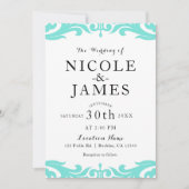 Invitation Mariage minimaliste chic damassé sarcelle et blanc (Devant)