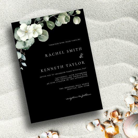 Invitation Mariage minimaliste chic Eucalyptus noir et blanc