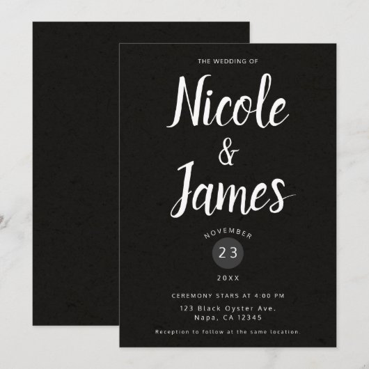 Invitation Mariage Minimaliste Chic Noir Moderne (Devant / Derrière)