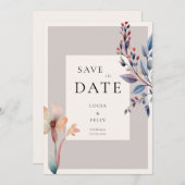 Invitation Mariage minimaliste classique Feuille bleu aquarel (Devant / Derrière)