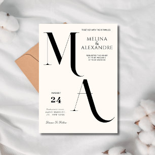 Invitation Mariage minimaliste crème monogramme 