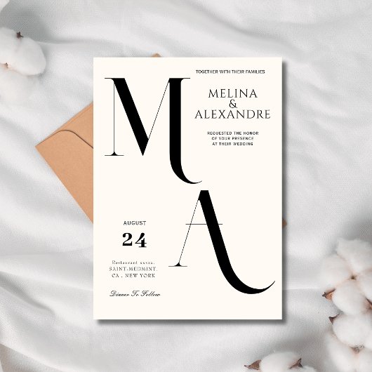 Invitation Mariage minimaliste crème monogramme