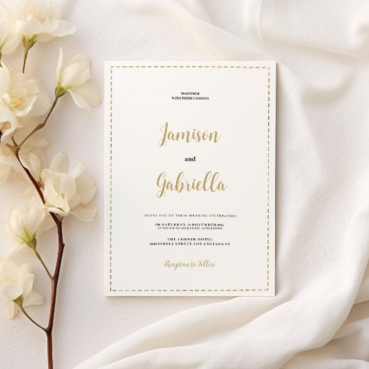 Invitation Mariage minimaliste de calligraphie blanche et or
