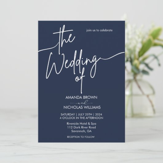 Invitation Mariage minimaliste de marine moderne (Debout devant)