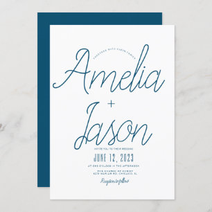 Invitation Mariage minimaliste de type de script bleu + blanc
