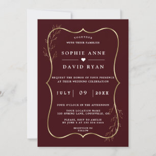 Invitation Mariage minimaliste Deep Burgundy Gold Line Art