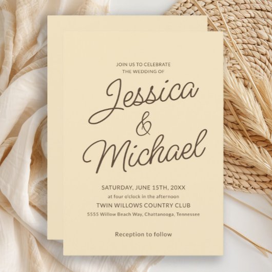 Invitation Mariage minimaliste écriture jaune marron