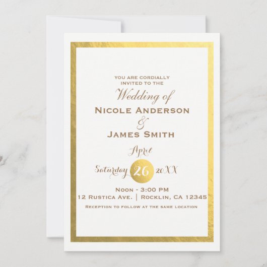 Invitation Mariage Minimaliste Élégant Blanc Faux Feuille D'o (Devant)