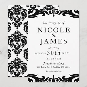 Invitation Mariage minimaliste élégant chic damassé noir et b
