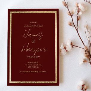 Invitation Mariage minimaliste élégant moderne en or bordeaux