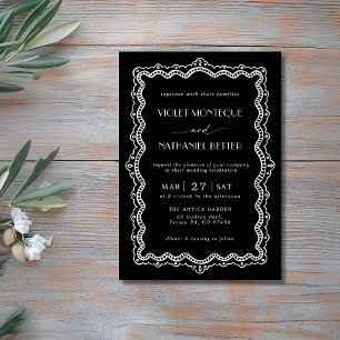 Invitation Mariage minimaliste en dentelle noir et blanc à l'