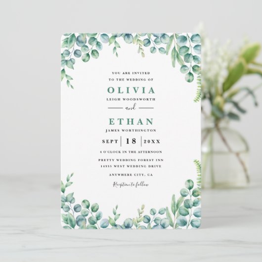 Invitation Mariage Minimaliste Eucalyptus (Debout devant)