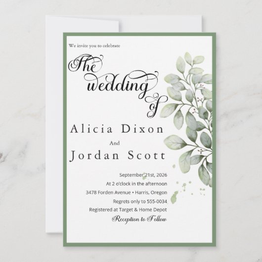 Invitation Mariage Minimaliste Eucalyptus et Verdure (Devant)