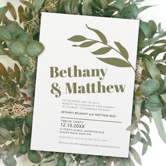 Invitation Mariage minimaliste feuille vert olive