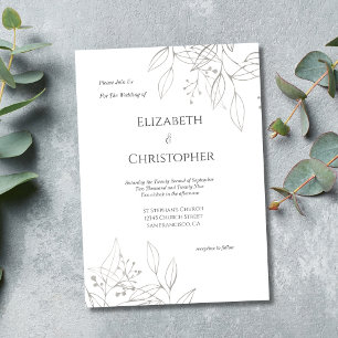Invitation Mariage Minimaliste Feuilles Botaniques Gris Argen