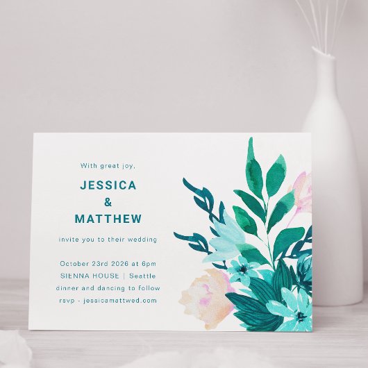 Invitation Mariage minimaliste floral aquarelle bleu émeraude