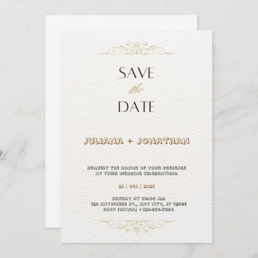 Invitation Mariage minimaliste Gold et White (Devant / Derrière)