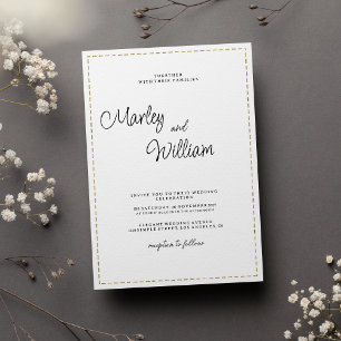 Invitation Mariage minimaliste ligne pointillé noir blanc or