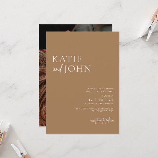 Invitation Mariage minimaliste moderne Beige Tan Boho (Devant/Arrière en situation)