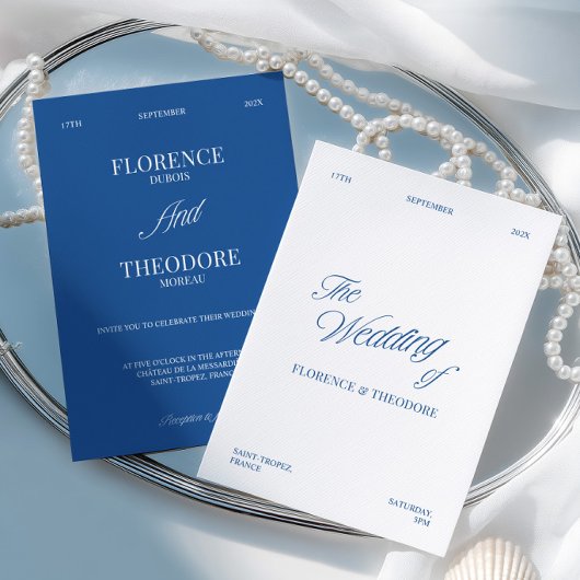 Invitation Mariage Minimaliste Moderne Bleu et Blanc
