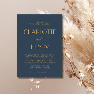 Invitation Mariage minimaliste moderne bleu marine et or