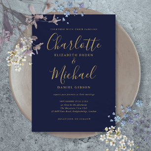 Invitation Mariage minimaliste moderne bleu marine or