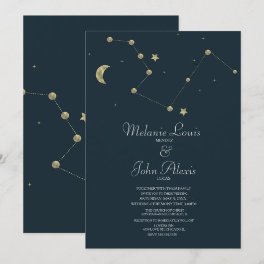 Invitation Mariage minimaliste moderne constellation feuille  (Devant / Derrière)