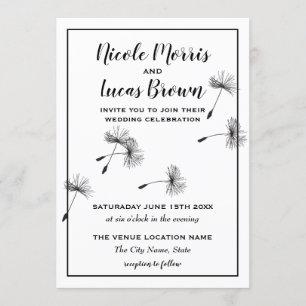 Invitation Mariage minimaliste moderne Dandelion noir et blan