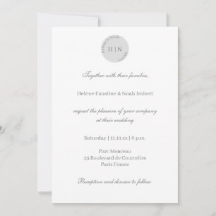 Invitation Mariage minimaliste moderne gris blanc Monogramme