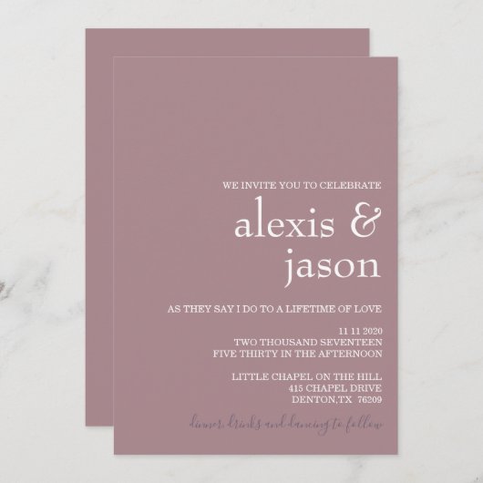 Invitation Mariage minimaliste moderne Mauve (Devant / Derrière)