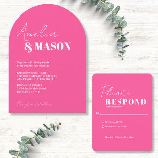 Invitation Mariage Minimaliste Moderne Rose Chaud et Blanc Ar