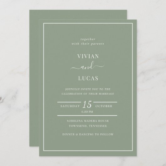 Invitation Mariage minimaliste moderne Sage Green (Devant / Derrière)