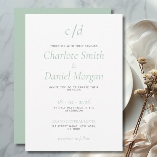 Invitation Mariage minimaliste moderne vert blanc