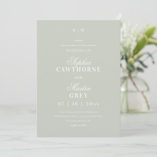 Invitation Mariage Minimaliste Moderne⎮Vert Sauge (Debout devant)